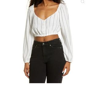 Bp. White Black Stripes Cropped Long Sleeve Top Elastic Neckline & Hemline
